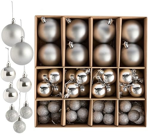 THE TWIDDLERS – Confezione da 50 Palline di Natale Argento - Dimensioni e Finiture Varie - 6cm, 4cm, 3cm - Opache, Lucide e Glitterate per Decorazione dell’Albero di Natale