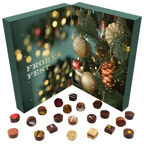 Hallingers Weihnachtsstimmung - Veganer Adventskalender Pralinen Geschenk handmade teils mit Alkohol aus Schokolade vegan (Box) - Geschenk im Sommer & als perfektes Grillgeschenk | Glückwunsch Chanukk
