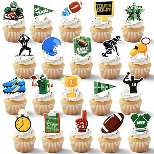 SEPGLITTER 60pcs Football Cupcake Toppers - 20 Styles, Rugby Ball & Player Designs - Touchdown Cake Decorations for Football Sports Game & Birthday Parties - Multicolored