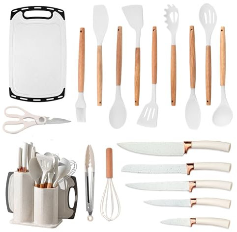 Kitchen Utensil Set, Kitchen Knife Sets with Block and 11 PCS Cooking Utensils Set,Heat Resistant Silicone Utensils, 6 Piece Stainless Steel Knive Set with Whisk Tongs and Cutting Board (White B)