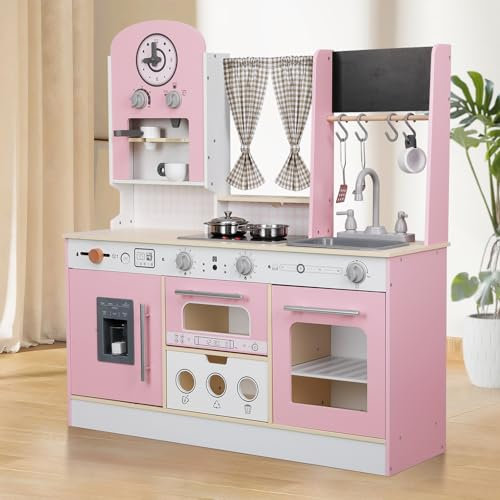 EDUBEBO Juego de Cocina para niños, Cocina de Madera Ajustable, Viene con Varios Accesorios de Cocina, Regalo Ideal para niños de 3 a 8 años (Rosa)