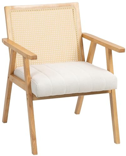 HOMCOM Fauteuil Relax pour Salon Chambre Confortable, Chaise cannage avec Dossier en rotin et Coussin rembourré et accoudoirs, Bois Naturel
