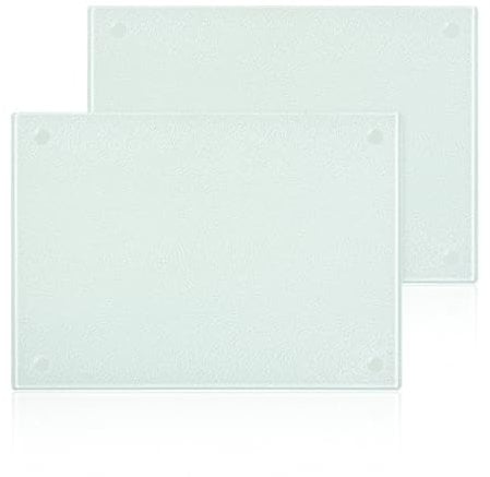 Schneidebrett Glas, 28x20cm Kratzfest Schneidbrett, 2 Stück Gehärtetem Schneidebrett mit Rutschfesten Silikonfüßen, Hitzebestädig Glasplatte Ideal für Küchenarbeitsplatte oder TischSchneidebrett (A)