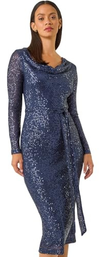 Dusk Fashion Sequin Cowl Neck Pencil Stretch Dress for Women UK - Ladies Everyday Autumn Winter Comfy Soft Evening Vacation Work Party Night Out - Navy - Size 14