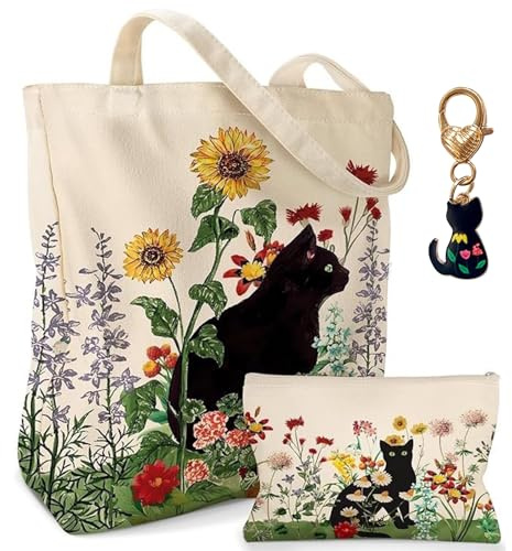 ZXTGBQ Canvas-Tragetasche für Mädchen und Make-up-Tasche und 1 Schlüsselanhänger Set Katzenmotiv Geschenke für Katzenliebhaber Für Frauen Lehrer Kollegen Geburtstag