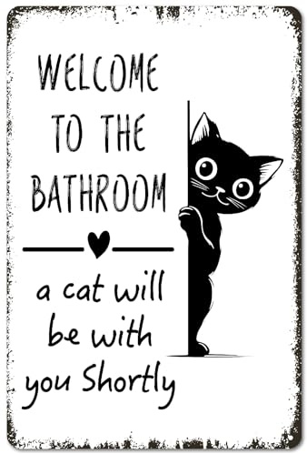 PRESSINART Benvenuti nel Cartello del Gatto Bagno Cartello Gatto Divertente Cartello in Latta Metallica Rettangolare Placca retrò con Fori Pre-Forati per Decorare Parete Bagno Casa 8 x 12 Pollice