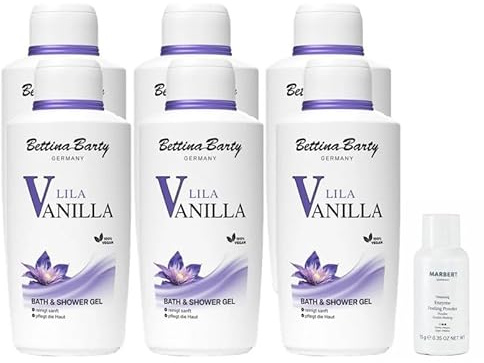 Bettina Barty Lila Vanilla Bath & Shower Gel 6 x 500 ml inkl. Gratis Marbert Enzyme Peeling Puder 15 g