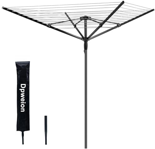 DPWEION 45M 4 Arm Heavy Duty Folding Rotary Washing Line for Outdoor/Garden，Portable Large Clothes Airer Dryer with Metal Ground Spike & Cover(Black)
