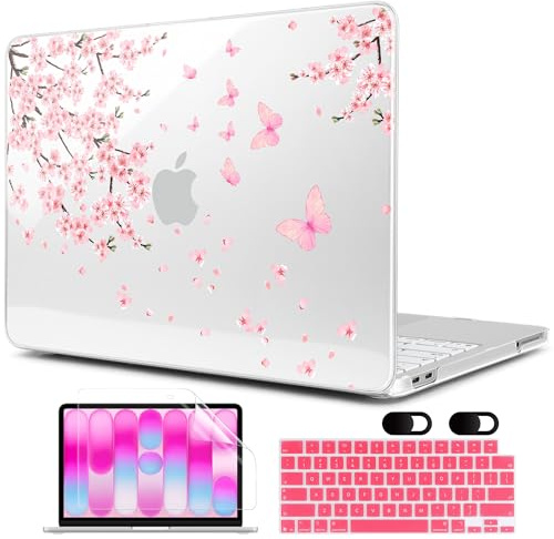 MEEgoodo Custodia stampata per MacBook Neo 13 versione 2026 (adatta al modello A3404), custodie rigide per laptop con skin per tastiera, protezione schermo e cover per webcam, fiori di ciliegio