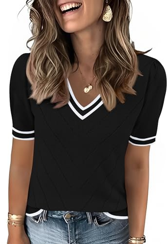 Rapbin Jumpers for Women Short Sleeve Tops Clothes Fashion V Neck Shirt Clothing Summer Work Outfits Black White Striped L