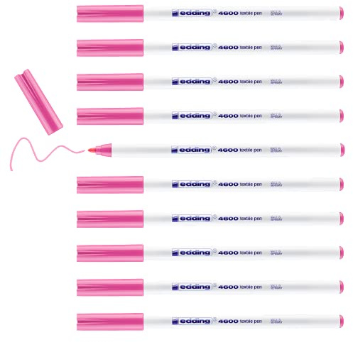 edding 4600 textile pen - pink - box of 10 - round nib 1 mm - permanent fabric pens for drawing on textiles, wash-resistant to 60 °C - fabric pen