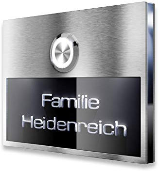 Metzler Türklingel in schwarz mit Gravur-Service und LED beleuchtetem Klingeltaster (verschiedene Farben wählbar), beleuchtetes Namensschild, Edelstahl V2A, Klingelplatte
