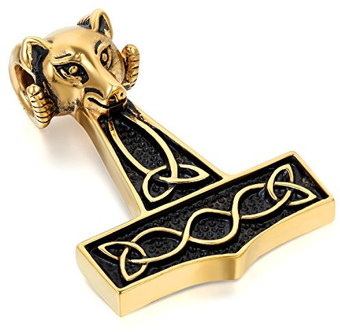 JewelryWe Stainless Steel Celtic Knot Wolf Thor Hammer Pendant Necklace for Men, 22 Chain, Gold Black Colour (with Gift Bag)