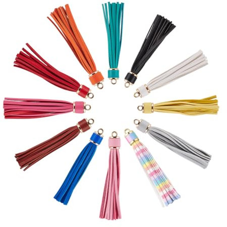 NBEADS 12 Stück Quaste Anhänger Schmuck Quasten Leder Quasten Für DIY Schmuck Zubehör Machen, Gemischte Farbe, 105×14 mm, Bohrung: 4 mm