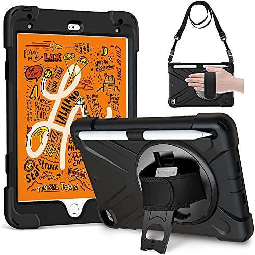 Gerutek Coque pour iPad Mini 5 et iPad Mini 4 - robuste, résistante aux chocs, avec porte-stylet, béquille rotative, dragonne, bandoulière, housse de protection - Noir