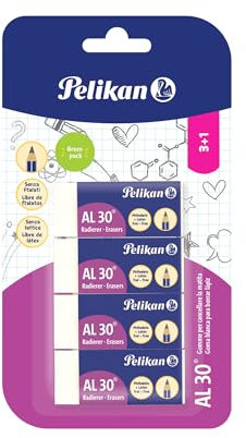 Pelikan 24005982 Radiergummi AL 30, weiß, Blister mit 4 Stück, geeignet für technische und schulische Designs, Blockform, für Bleistifte