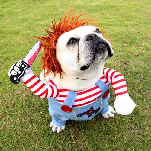 Bprtcra Deadly Doll Hundekleidung, Haustierkostüm für Halloween und Weihnachten, Cosplay, Lustige Party-Kleidung Mit Hut (L)