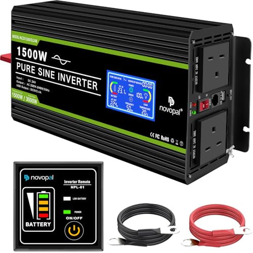 NOVOPAL 1500W Pure Sine Wave Inverter 24V to 230V 240V Car Power Converter with LCD Display, 2AC Outlets and USB Port,Remote Control for Motorhomes, Truck, Boat, Camping, Household, Van