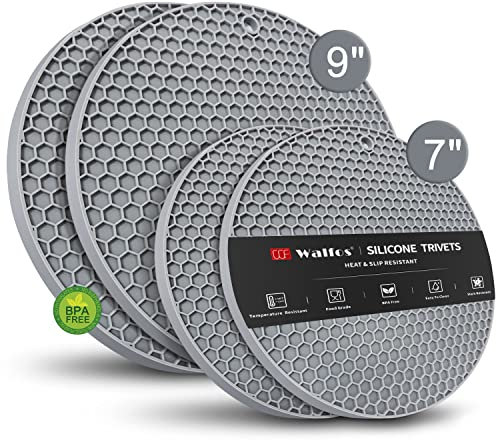 Walfos Topfuntersetzer aus Silikon, hitzebeständig, 4 Stück, 2 Größen, 17,8 cm und 22,9 cm, Mehrzweck-Anti-Rutsch-Pads für Hot Pot, heiße Dishers, Glasöffner, lebensmittelecht & BPA-frei (Nordic Grey)