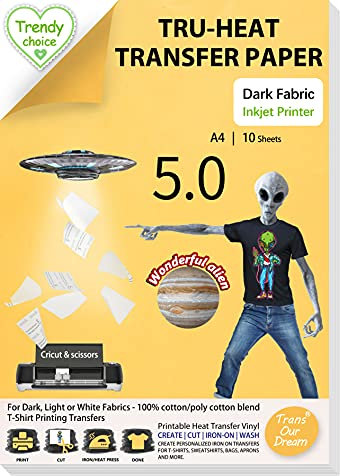 TransOurDream Tru Heat Transfer Paper for Dark T Shirts & Fabrics (10 Sheets A4, Dark 5.0) Iron On Transfer Paper with Inkjet Printer Easy to Cricut Bright Colors Printable htv (Trans-05-10)