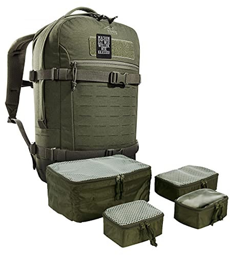 TACWRK x Tasmanian Tiger TT Modular Daypack XL Oliv + TT Modular Pouch Set Rubber Fun Patch - Bundle 23L Wander-Rucksack + Organizer Zusatz-Taschen + Rubber Morale Patch