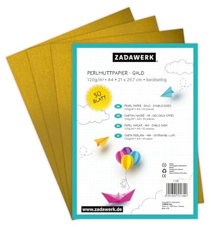 ZADAWERK® Perlmuttpapier - 120 g/m²- A4 - Gold - 50 Stück - Bastelpapier - Briefpapier perlgolden schimmernd - bedruckbar - Tintenstrahl - Laserdrucker