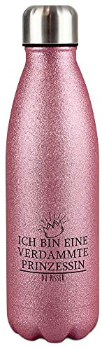 Glitzer-Trinkflasche - Ich bin eine verdammte Prinzessin du Pisser - Thermosflasche, Wasserflasche BPA-frei, Geschenk für die Freundin, Frauen, Glitter, Reise, Sport I Edelstahl 500 ml, Pink