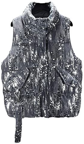 YUNHOME Angelweste Große Größe Weste Warme Weste Winterweste Damen Daunenweste Herbst Und Winter Pailletten Weste Samt Weste Jacke Trendy-Grau_S Büste 118 cm Schulterbreite 37Cm