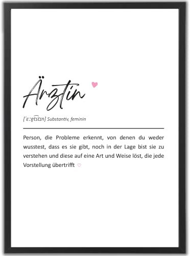 tradercat Ärztin Definition Poster, Geschenk für Ärztinnen, Wandbild mit Herz, A3 Schwarzer Rahmen, Motivationsposter Medizin