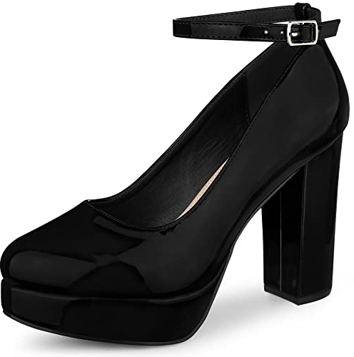 Allegra K Women's Platform Ankle Strap Chunky Heel Mary Janes Pumps | Mary Janes, Block Heel (4.3 Inches), Ankle Strap, Patent Leather, Women Dress Shoes, Back to School