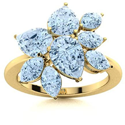 Cocktail-Ring! 6 x 4 mm birnenförmiger Geburtsstein-Edelstein 925er Sterling Silber Gold-Vermeil Verlobungsring (Simulierter Aquamarin – März-Geburtsstein, 11.5)