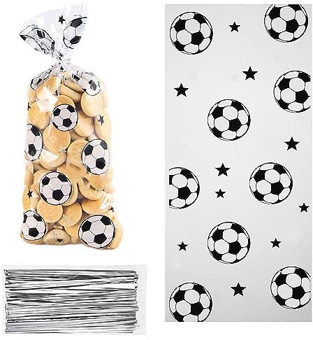 100 Stück Fußball Party Treat Taschen Fussball Tüten Geschenktüten mit 100 Twist Krawatten Zubehör Mitgebsel zum Befüllen von Geschenken Kindergeburtstag Party