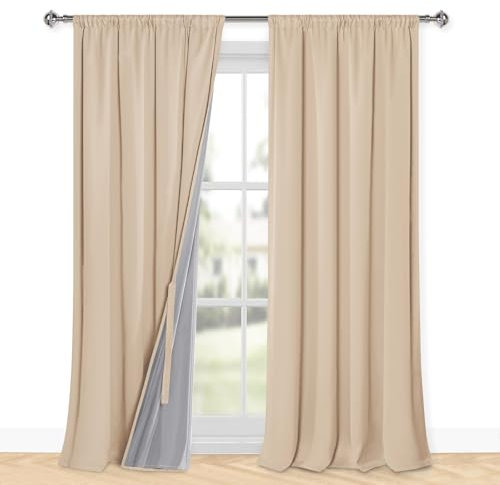 XWZO 100% Blickdichte Vorhänge Wohnzimmer, Vorhänge mit Kräuselband, Gardinen Schlafzimmer, Doppellagige Dicke Verdunklungsvorhänge Thermovorhang Kälteschutz, 260x140 cm(HxB) Creme 2er Set
