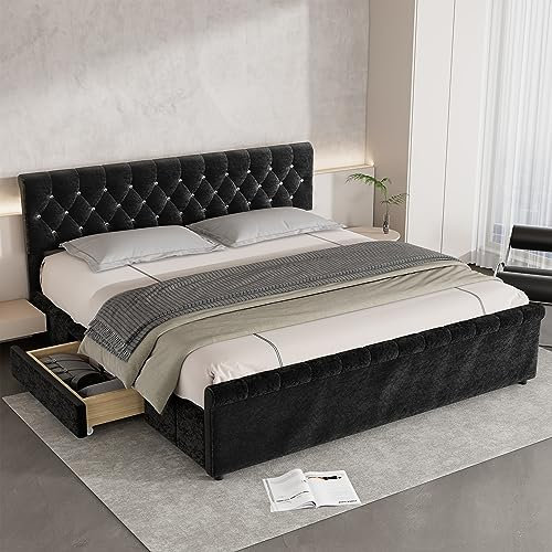 HESHU Polsterbett 180 x 200 cm - Doppelbett Bett mit Lattenrost und Rückenlehne, 2 Schubladen und Kopfteil, Jugendbett Gästebett, Schneeflocken-Vlies, ohne Matratze (180x200-schwarz)