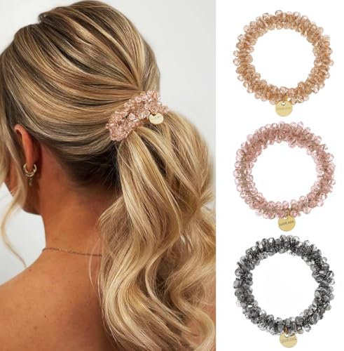 Zoestar Kristall-Haargummis, Perlen, elastische Haarbänder, Pferdeschwanz-Halter, modischer Haarschmuck für Damen und Mädchen (3 Stück) (Set 2)