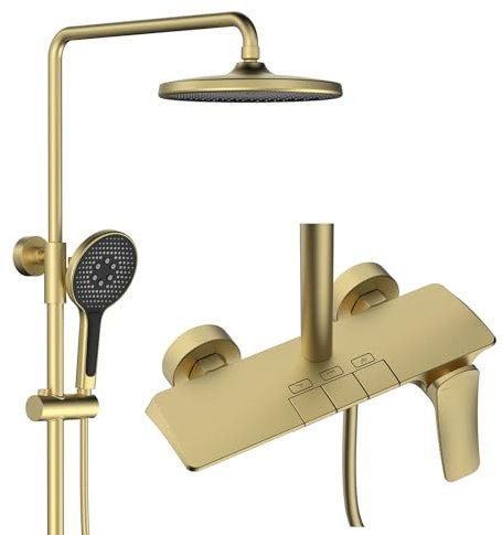 Colonne de Douche Dorée, Moderne Ensemble de Douche, 10in/25cm Rond Pommeau de Douche, Touches du Piano Système de Douche, avec Robinet de Baignoire Cascade, Douchette, 59A Laiton (Or Brossé)