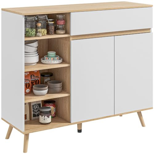 HOMCOM Buffet Meuble de Rangement étagères réglables Style scandinave avec 1 Placard Double Porte 1 tiroir et 4 niches 119 x 40 x 102 cm Blanc