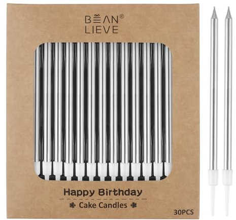BEAN LIEVE 30 Stück Lange Dünne Metallic Geburtstagskerzen Kuchen Kerzen Geburtstag Party Hochzeit Dekorationen Party Kerzen Kuchen Dekorationen (Silber)