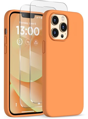 COFFKER Designed for iPhone 13 Pro Max Case, Liquid Silicone Case with [2X Screen Protectors], Full Body Shockproof Protective Slim Thin Phone Case for iPhone 13 Pro Max 6.7 inch, Orange