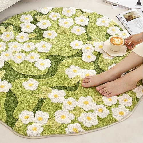 YINGSHIF 3.3ft Round Area Green Grass Moss Rugs Cute Flower Shag Fluffy Floral Carpet Leaf Bath Mats for Bathroom Decor Non Slip Machine Washable Aabsorbent for Living Room Shower Mat Door mat Indoor