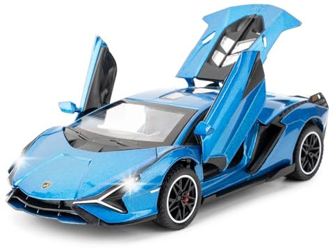 TGRCM-CZ 1/32 Skala Lamborghini SIÁN FKP37 Auto Modell Spielzeug, Ton und Licht Pull Back Auto Zink Legierung Casting Spielzeug für Kinder Jungen Mädchen Geschenk (Blau)