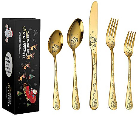 Set di posate, 5 pezzi set di stoviglie in acciaio inox set da tavola modello cartone animato coltello, forchetta cucchiaio, scatola regalo di Natale, lavabile in lavastoviglie (colore: 5 pezzi Ros