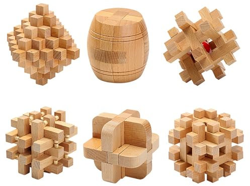 Holzsammlung 6 Pièces 3D Puzzle Casse Tête en Bois, Jeu Casse Tête, Jouets d'intelligence éducative, IQ Test Disentanglement Puzzles,Jouets pour des Enfants et des Adolescents#E