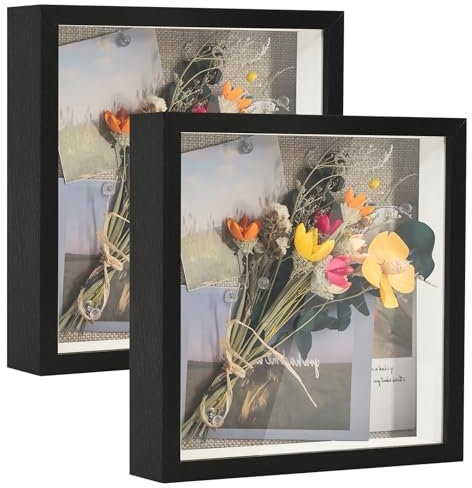 Alishomtll 3D Bilderrahmen zum Befüllen 20x20cm, 3D Objektrahmen Schwarz 2 Stücke, 3cm Tiefer Rahmen DIY Bilderrahmen 3D für Erinnerungsstücke Blumen Medaillen Geschenke Hochzeit Geburtstag