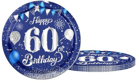 Happy 60th Birthday Paper Plates 9inch Blue and Sliver,16Pcs Tableware Party Plates,Happy 60th Birthday Decorations Plates for Boys,Girls,Kids,Him,Her 60th Birthday Party Supplies Table Decor