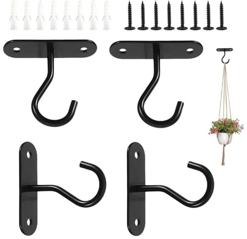 4Juegos Ganchos de Pared para Plantas,Plantas Colgantes Gancho,Gancho de Techo para Colgar Plantas,Ganchos para Plantas con Tornillos, Negro,Para Macetas, Faroles, Comederos de Pájaros