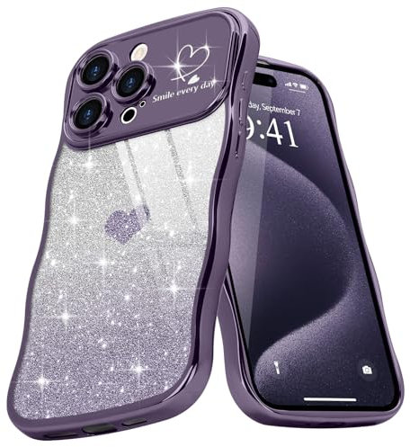 Teageo Wellen Rahmenform Handyhülle für iPhone 15 Pro, Mädchen Stilvoll Curly Wellen Form Schutzhülle Galvanisierte Glitzer TPU Kameraschutz Kratzfest Hülle für iPhone 15 Pro, Dunkles Lila