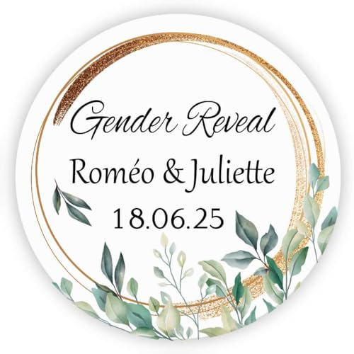 MameArt 50 STICKERS Étiquettes Personnalisés Gender Reveal Prénom, 4cm Autocollants pour Gender Reveal Cadeaux Fête (Flores 02)