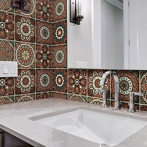 Fliesenaufkleber Mandalabraun PVC Klebefliesen Küche,Wasserfest Fliesenaufkleber Bad,DIY Selbstklebende Fliesen Für Bad & Küche,Fliesensticker Für Küchenrückwand 36 Stück(20x20cm)
