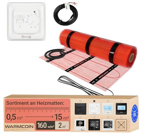 Warmcoin Elektrische Fußbodenheizung Komplettset 160 W/m² – Selbstklebende Heizmatte für Fliesen, Laminat, Vinyl & Parkett [0,5 x 4 m = 2 m²] – Inkl. Thermostat W70 Weiß